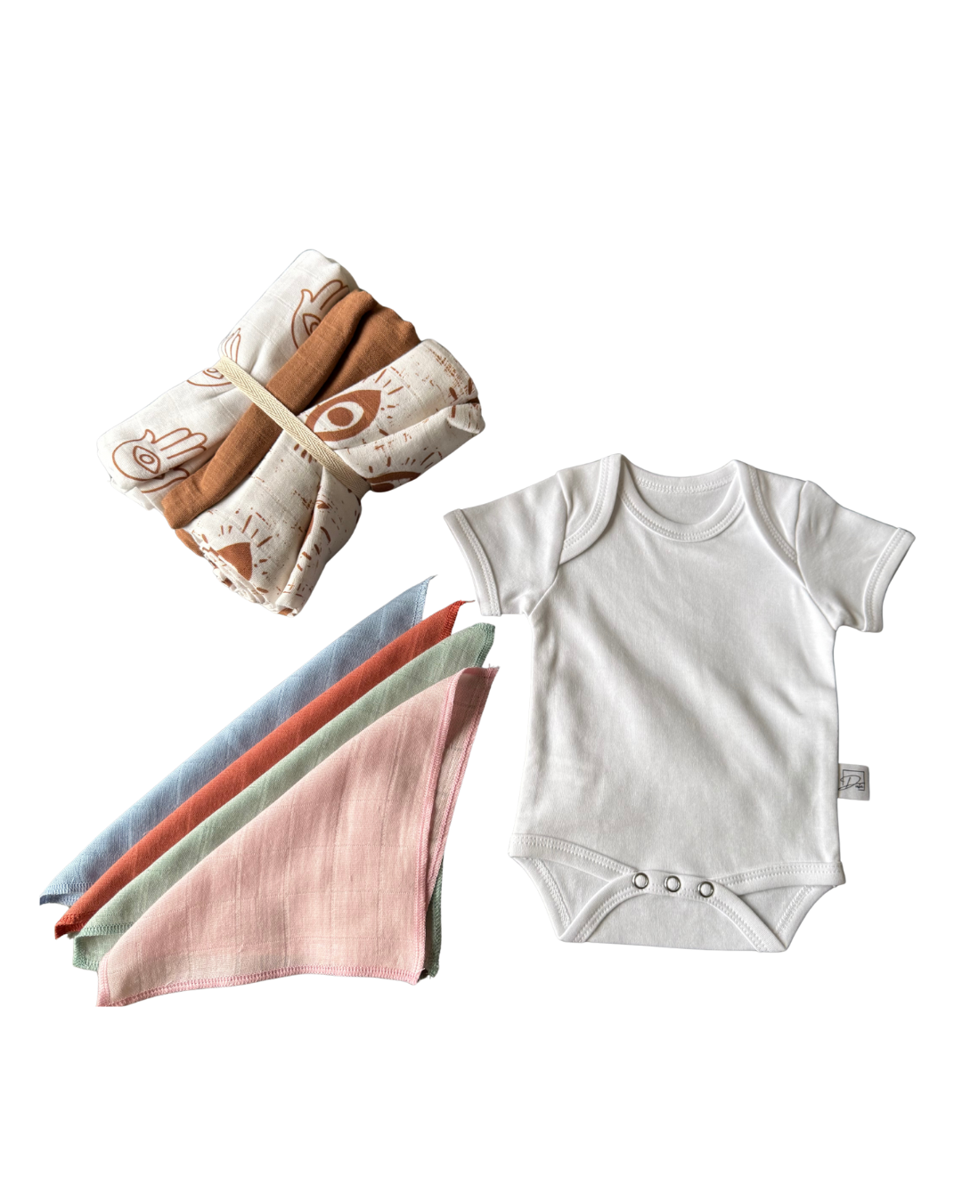 %100 Pamuk Yenidoğan Bebek Seti – Ağız Bezi + Kısa Kol Zıbın + Tılsım Müslin Battaniye